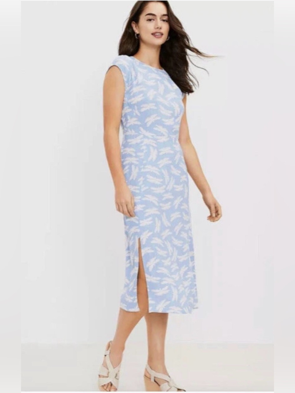 LOFT Light Blue Dragonfly Print Cap Sleeve Midi Fitted Dress with Side Slits 0P